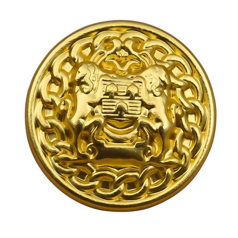 Vintage gold metal shank button with lion crest and ornate border, 15–25mm