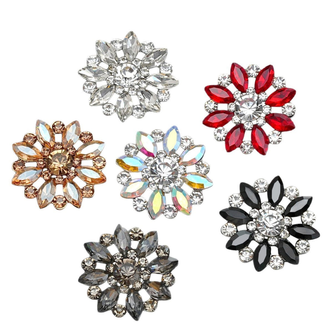 Crystal flower rhinestone shank buttons, assorted colors: white, red, black, gray, rainbow