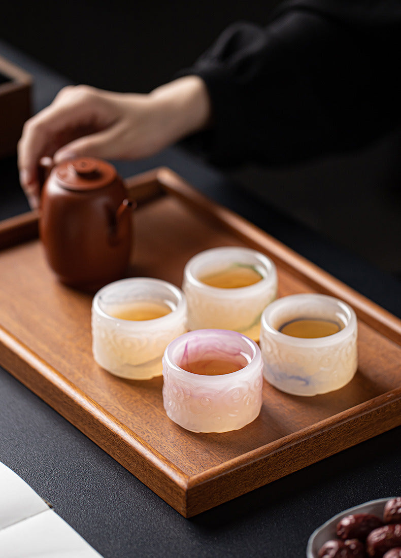 50ml Liuli Art Glass Tea Cup Set of 4 | Ink Splash Auspicious Cloud Design