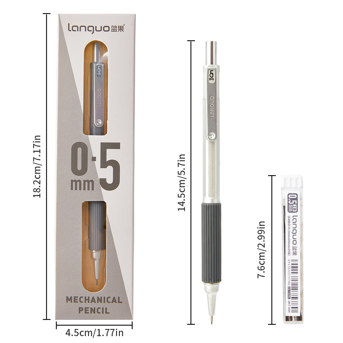 Low-Center Gravity Metal Mechanical Pencil with Leads Set 0.3mm/0.5mm Grey 0.5mm