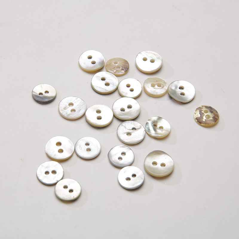 Round mother-of-pearl shell buttons, 2-hole, off-white iridescent finish (100 pack)