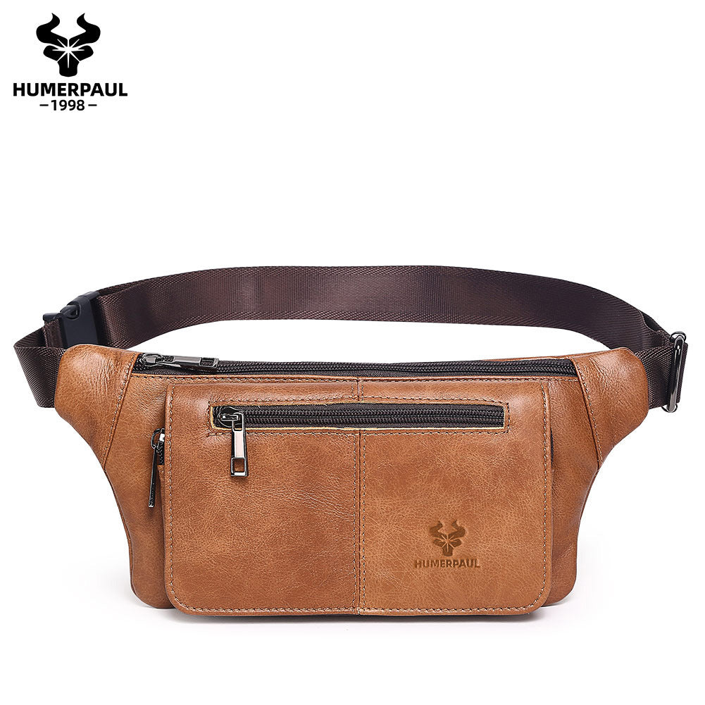 Genuine Leather Waist Crossbody Bag,Outdoor Sports Chest Pack Brown