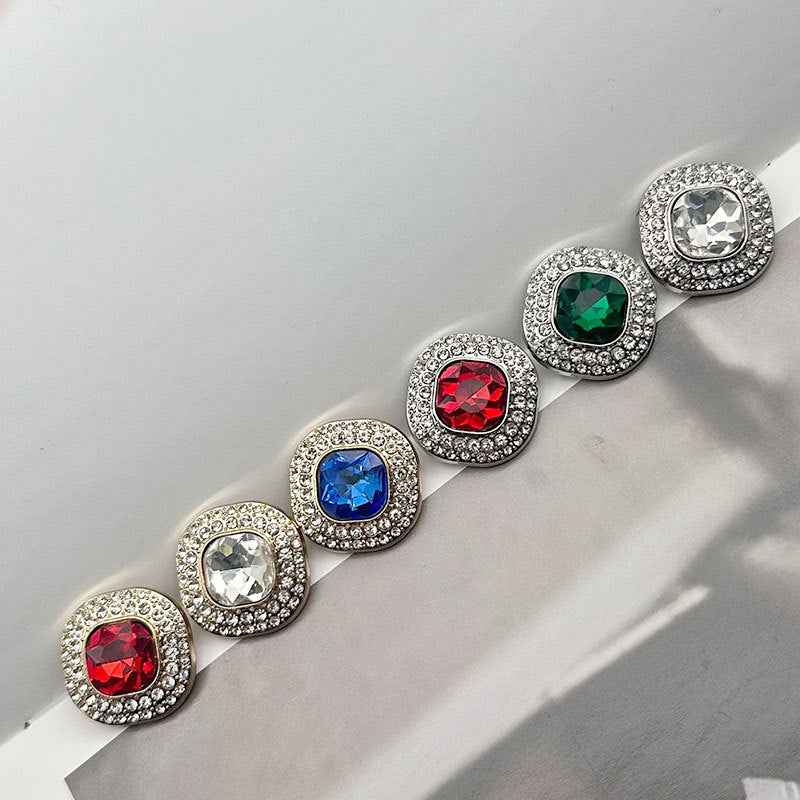 Gem-studded shank buttons with blue square-cut gems in silver-tone round settings (2 pcs)