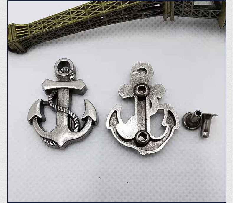 Antique silver anchor rivet studs with round emblem back plates (2 shown)