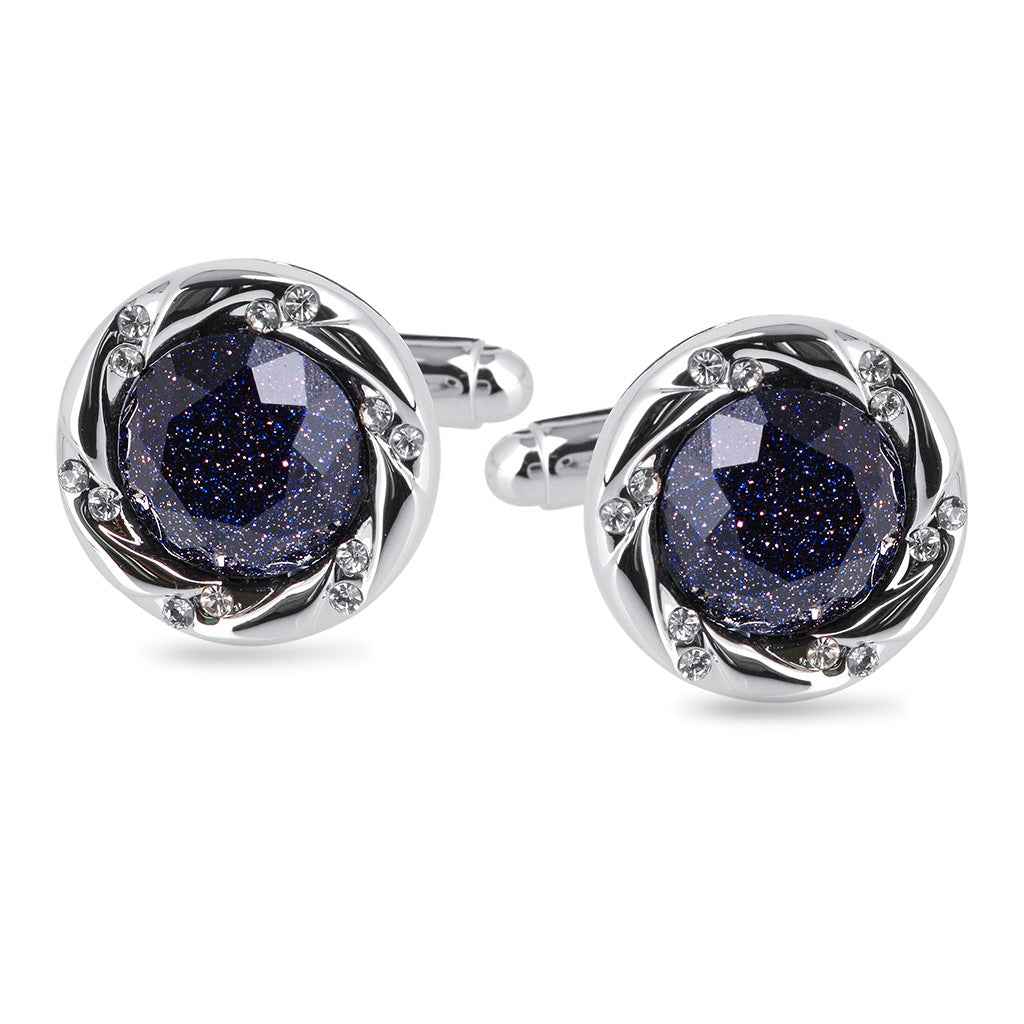 Silver-tone round cufflinks with blue sandstone center and jeweled border