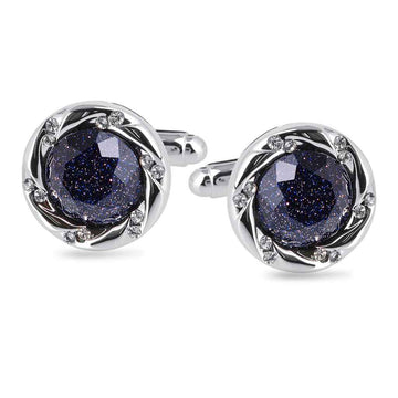 Silver-tone round cufflinks with blue sandstone center and jeweled border