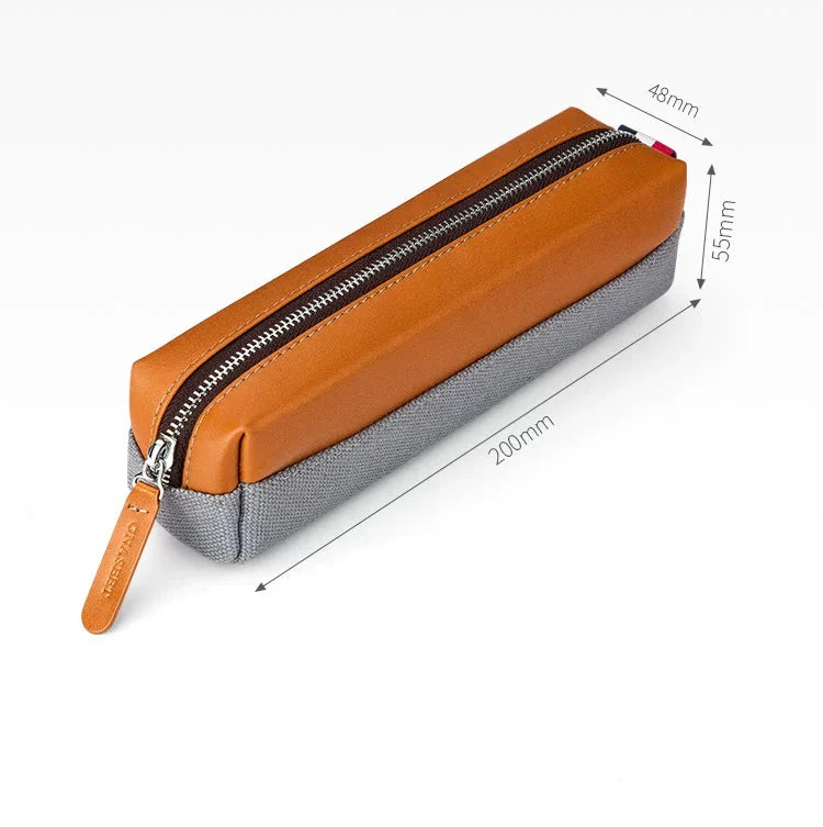 GNASEET Genuine Leather & Canvas Pencil Case – Large Capacity 20-Pen Student Stationery Pouch | 200x48x55mm