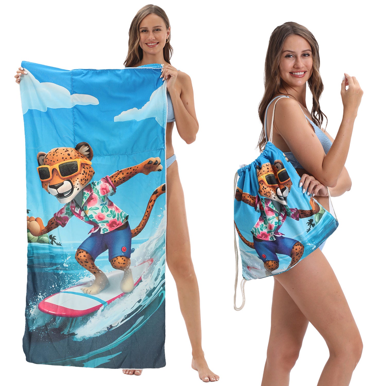 2-in-1 Foldable Printed Beach Towel Built-In Storage Bag