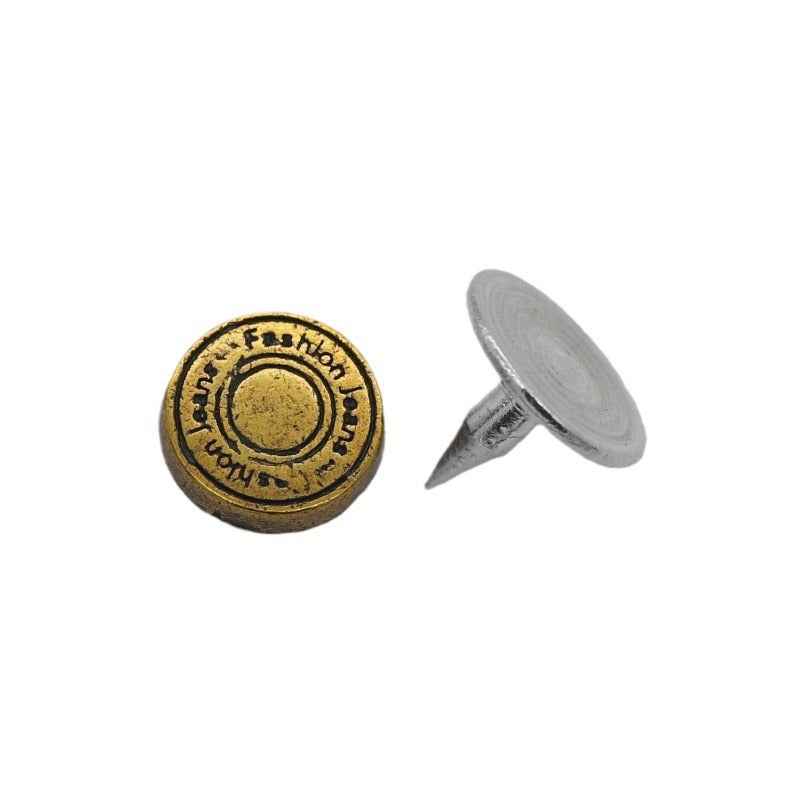 Single 8mm retro denim stud rivet: gold logo cap with silver post