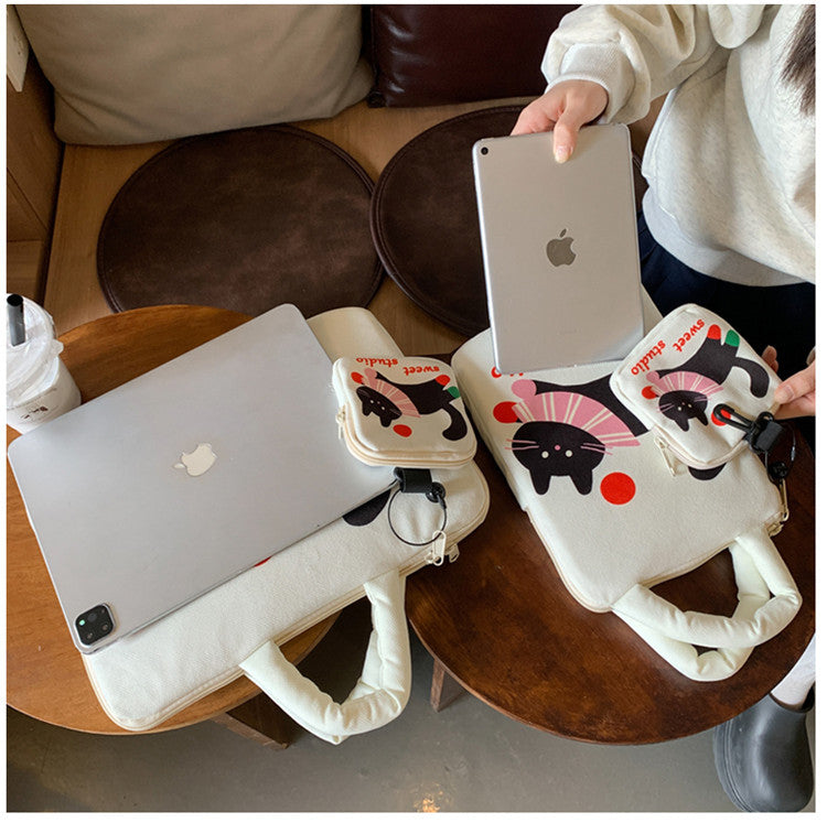 White Cat Laptop Sleeve 11-14 inch Bag + Pouch 2-Piece Set