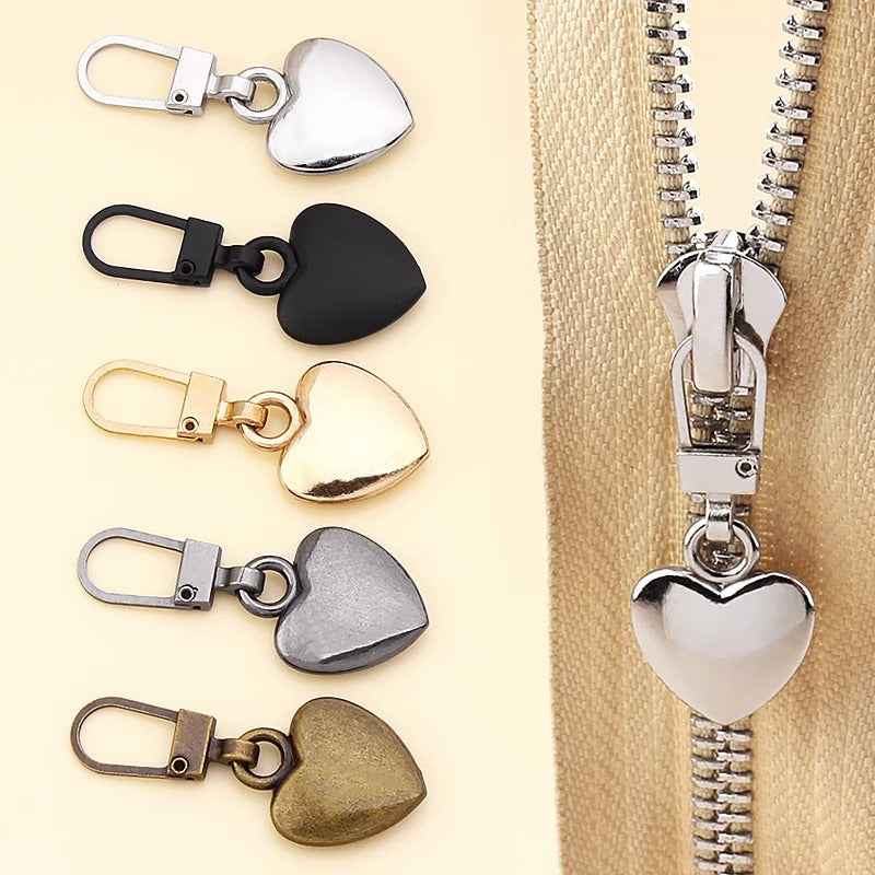 Assorted heart zipper pulls in black, silver, gold, gunmetal, and bronze (set of 5)