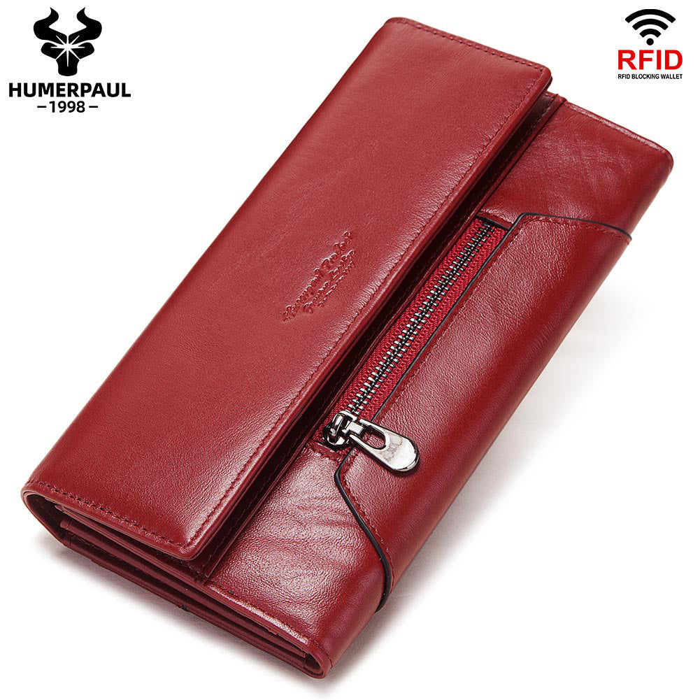 Genuine Leather Long Wallet for Women RFID Clutch Red