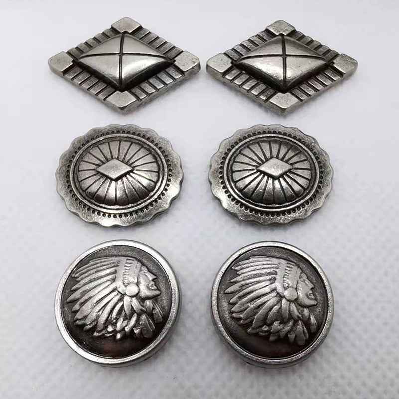 Vintage diamond stud rivets: antique silver square caps with striped border and cross