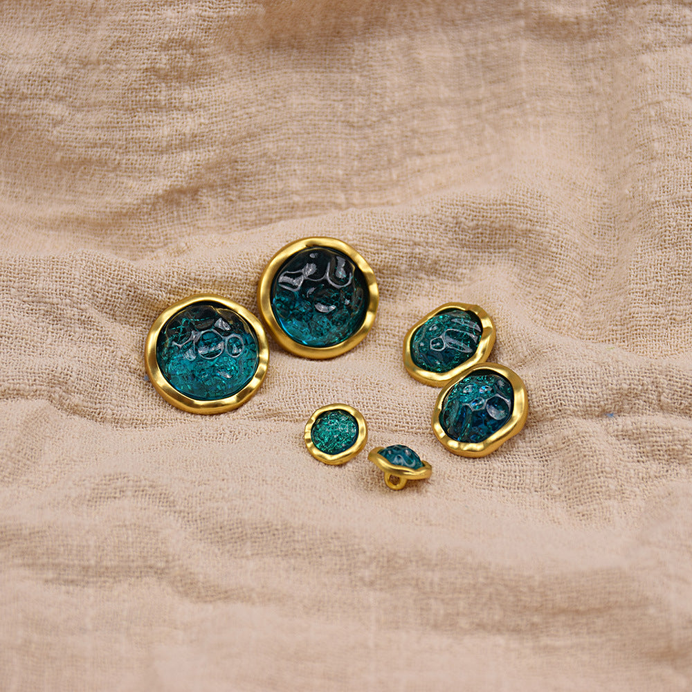 Peacock blue resin gemstone buttons, gold rim, round assorted sizes (set of 12)