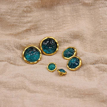 Peacock blue resin gemstone buttons, gold rim, round assorted sizes (set of 12)