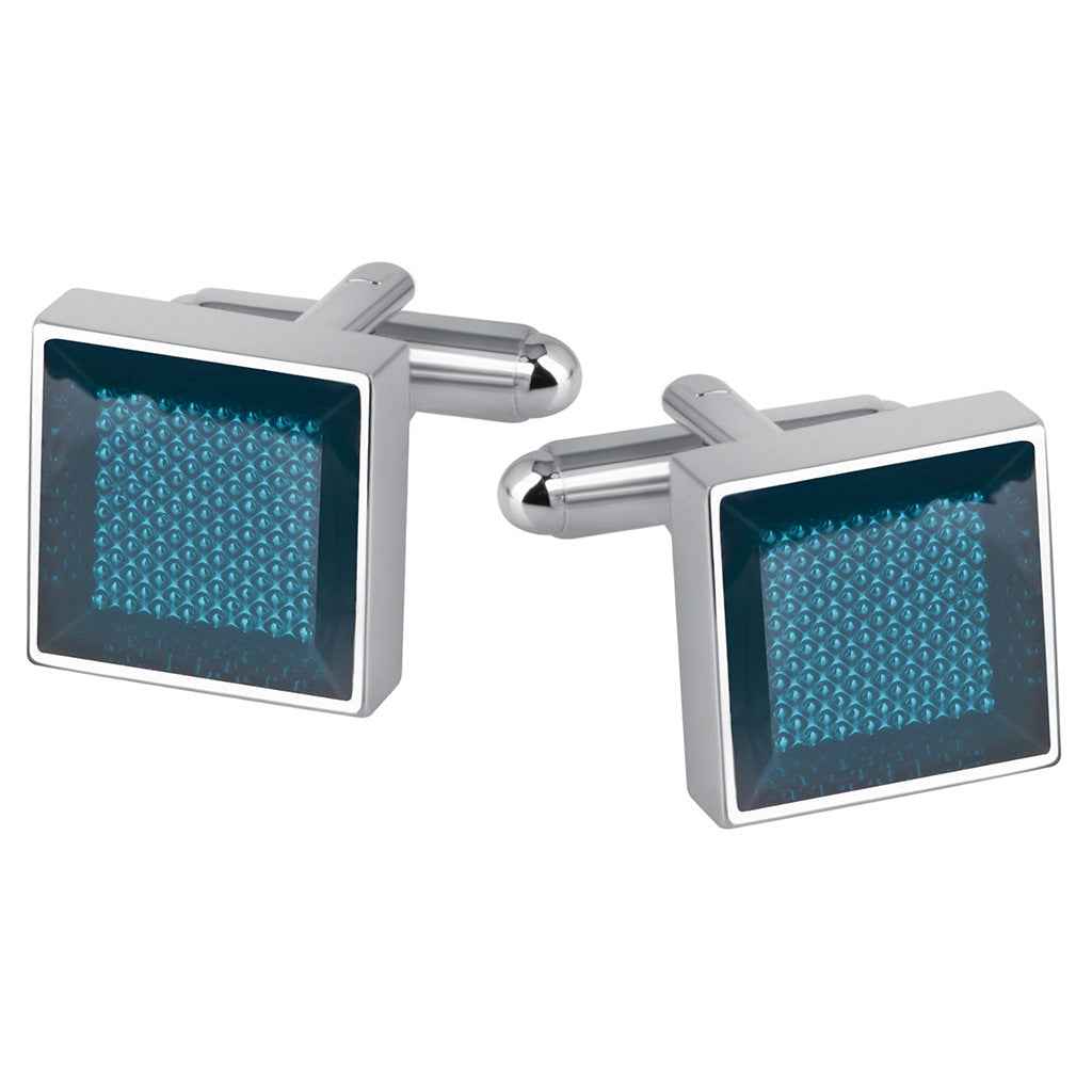Square transparent blue resin cufflinks with brushed silver frames