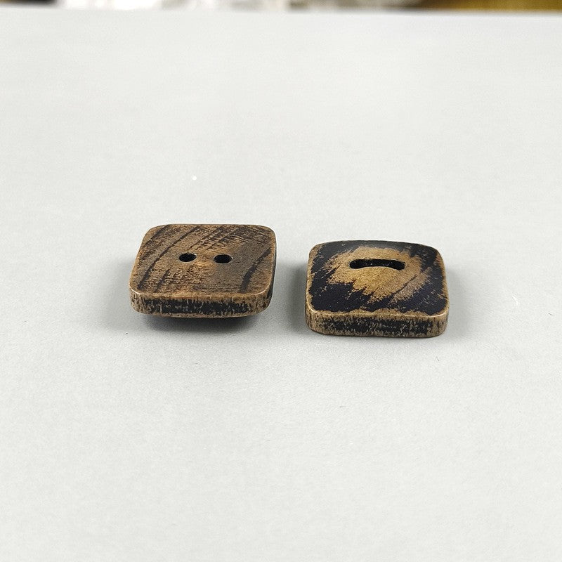 Square 2-hole wood button with distressed coffee-brown finish