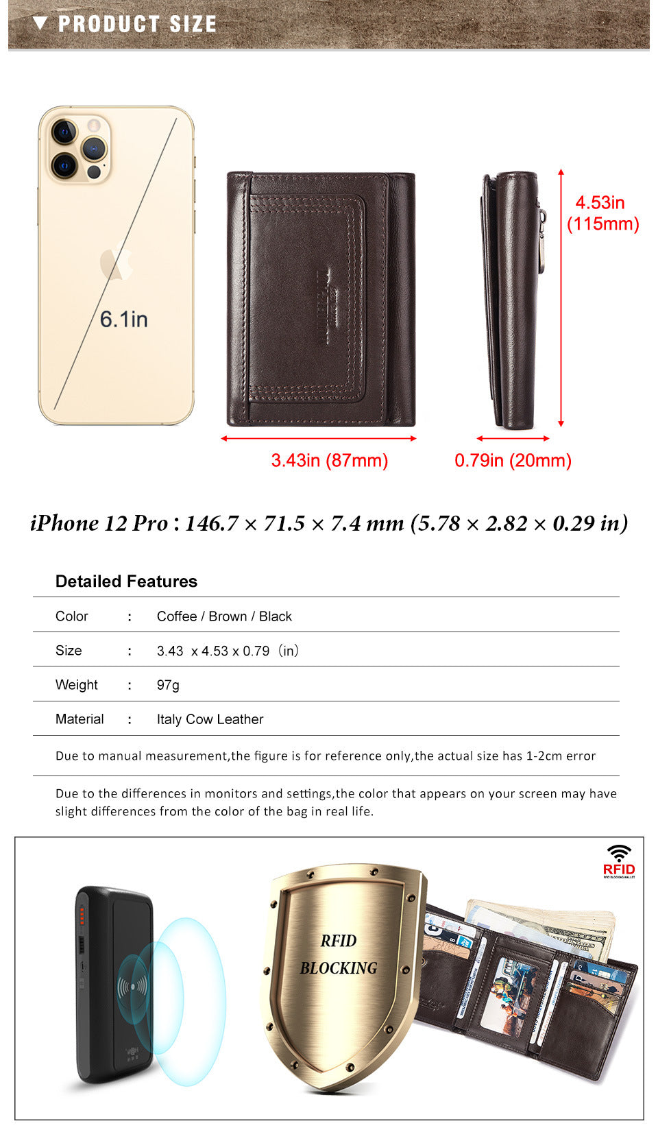 RFID Men's Coin Purse,Top Grain Cowhide Leather Zip Wallet