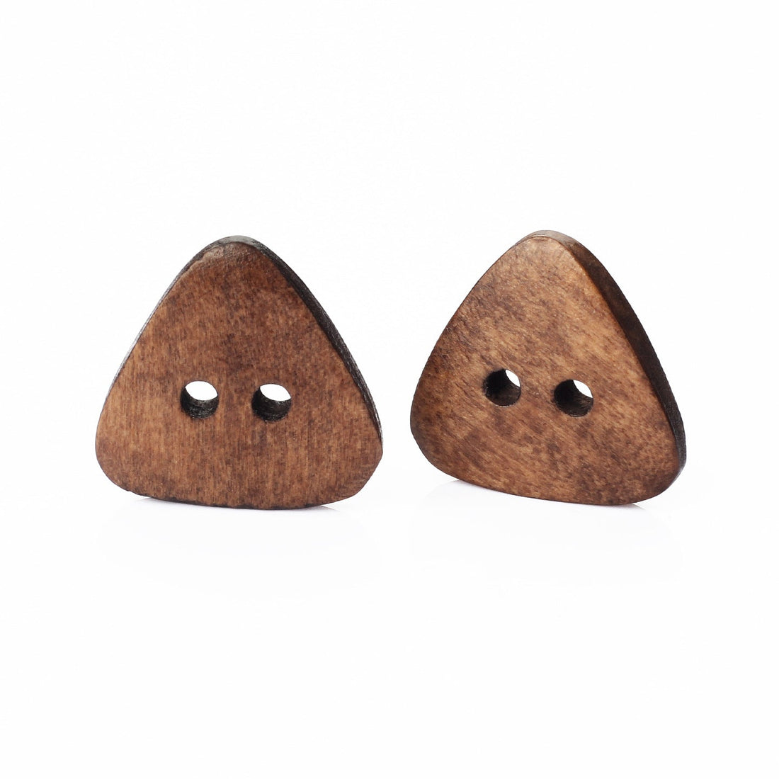 Brown wooden triangle buttons with two holes, pair