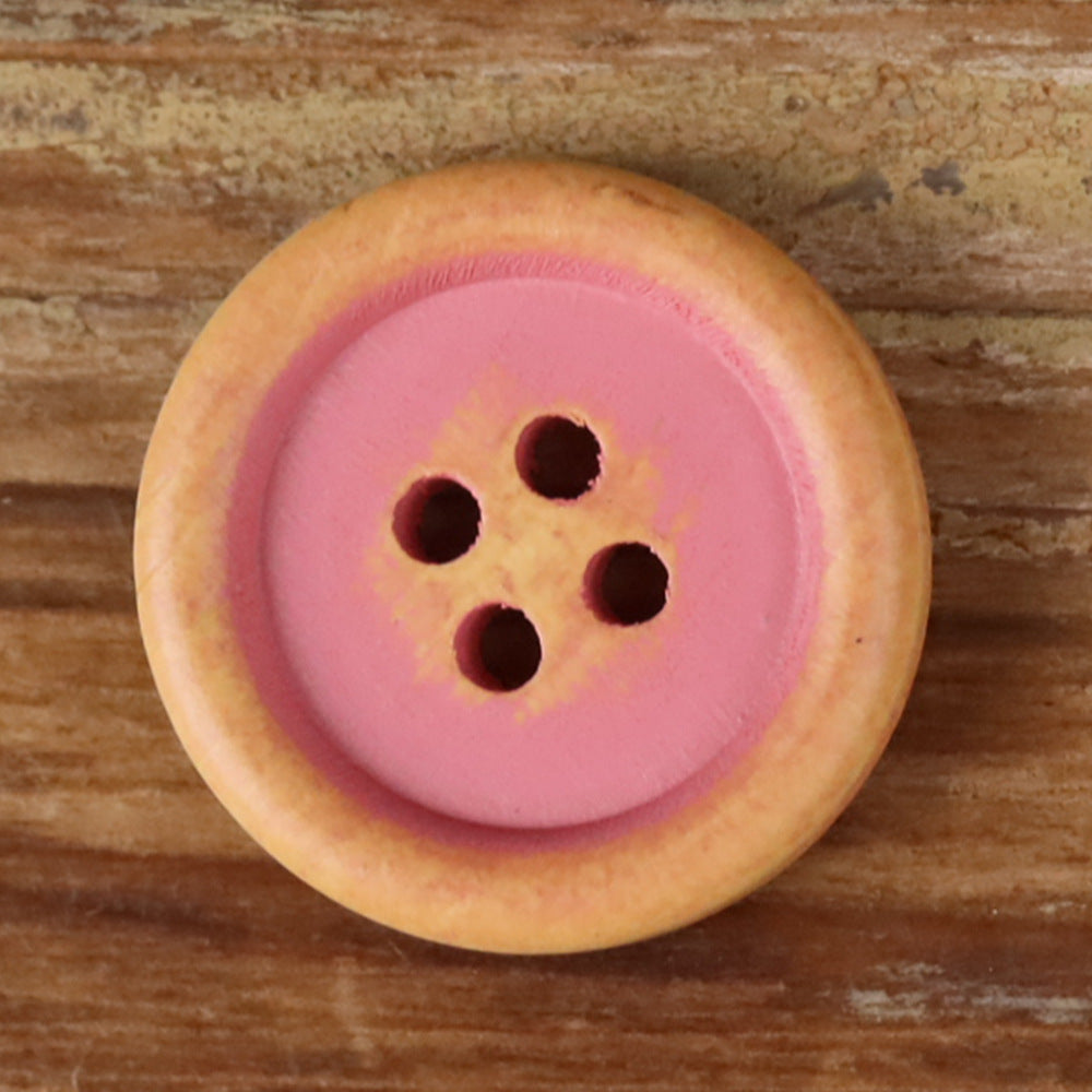 Round 4-hole wood button with pink face and tan wood rim