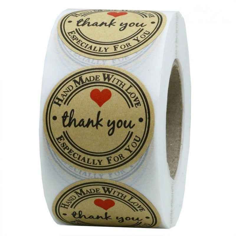 1000Pcs Kraft Stickers Handmade with Love Thank You 1 Inch
