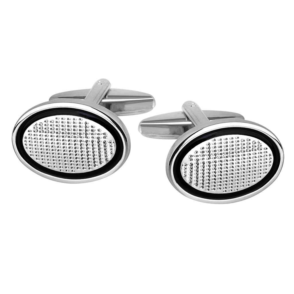 Black oval cufflinks for men with silver frames and dotted white centers