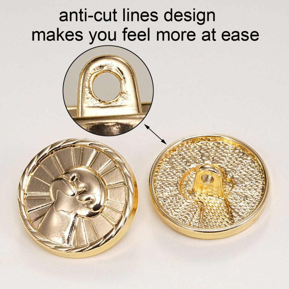 Gold round fist button with shank and textured back, raised design