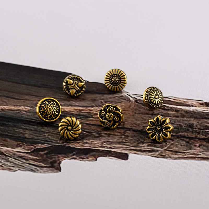 Antique bronze 10mm shirt buttons in mixed motifs, including rosette and sunburst, 70 pcs