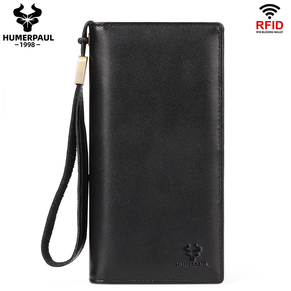 Men's Top Grain Leather Long RFID Blocking Wallet Coffee