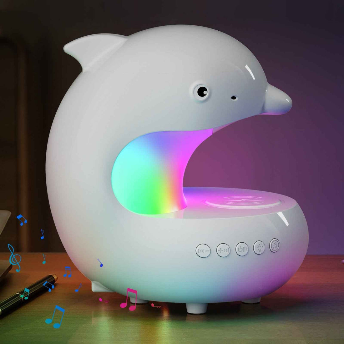 Dolphin Night Light with Wireless Charger & Bluetooth Speaker White