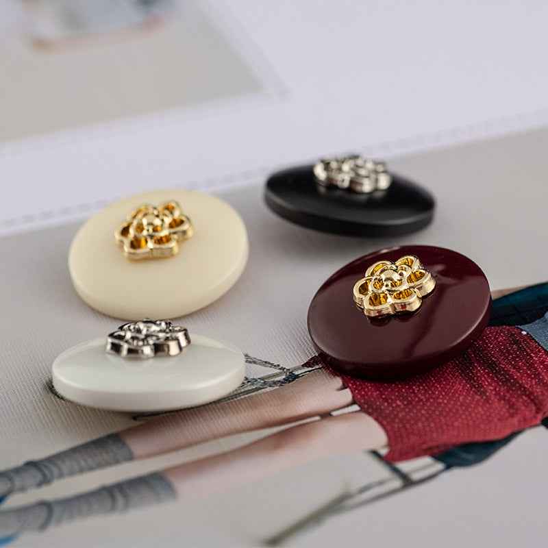 Round resin buttons with metal shank: beige, white, matte black, wine with decorative metal