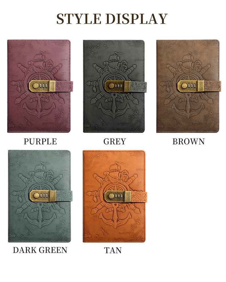 Retro Pirate Lock Diary 3D Carved European Style Locked Notebook A5