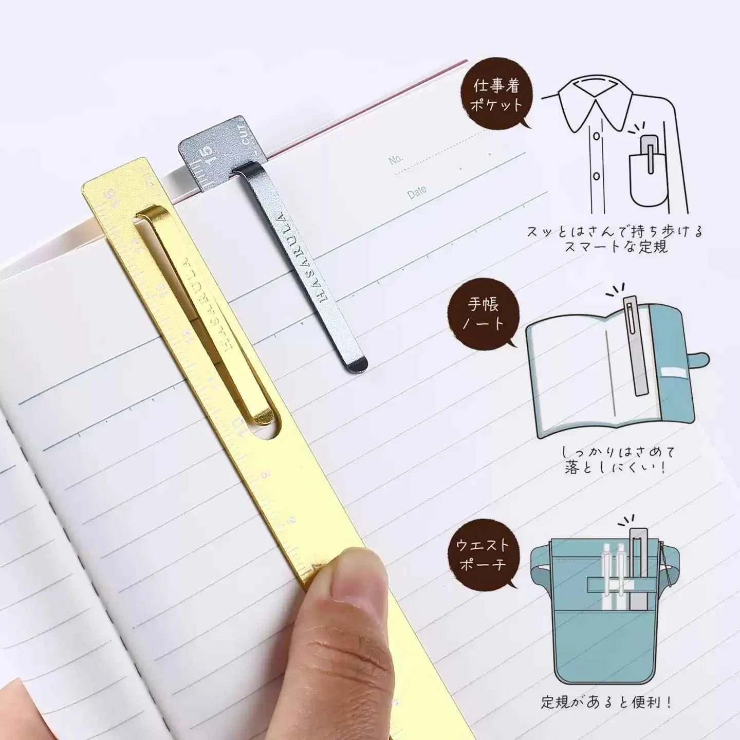 Kutsuwa Hasarula Aluminum Ruler - 15cm with Paper Clip and Cut