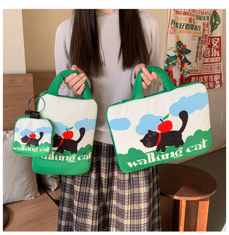 Green Walking Cat Laptop Sleeve 11-14 inch 2-Piece Set
