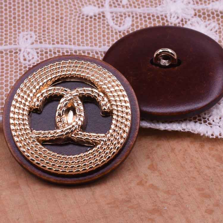 18/23/25mm Gold Brown resin-metal shank button, round face with gold tone metal ring