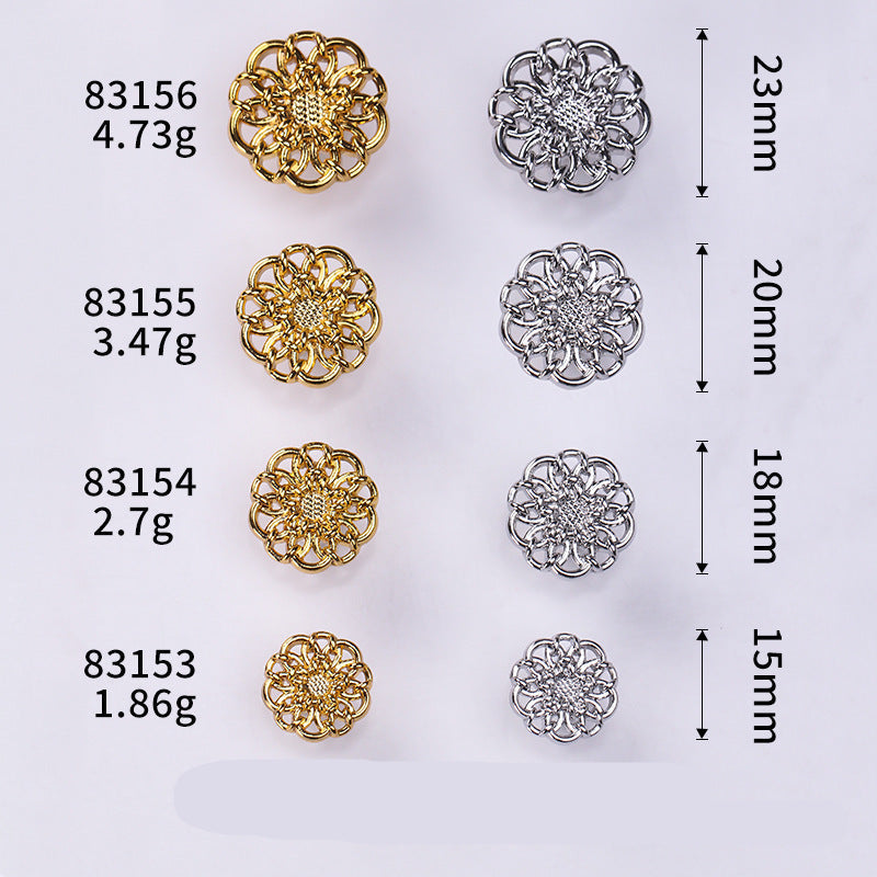 Conjunto de botones metálicos florales: diseños oro y plata con medidas
