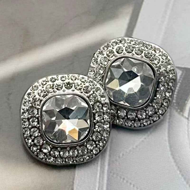 Shank buttons with clear faceted square-cut gems in silver-tone round settings (2 pcs)
