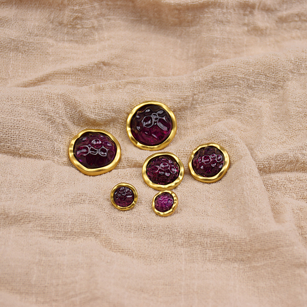Burgundy resin gemstone buttons, gold rim, round assorted sizes (set of 12)
