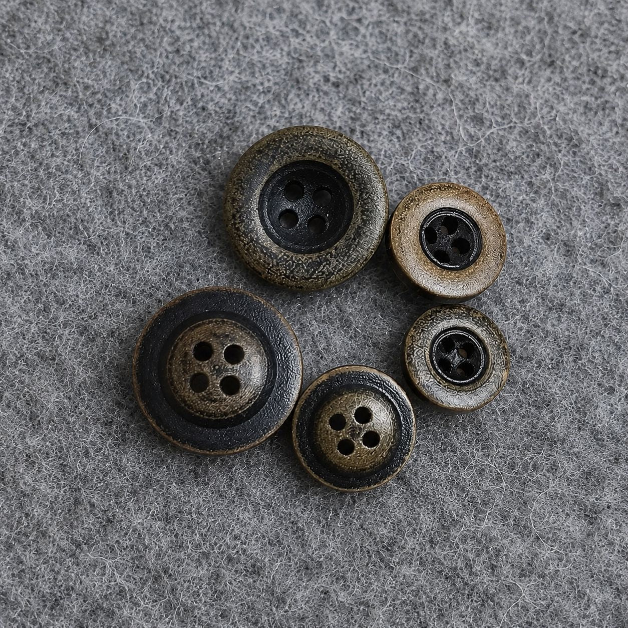 Dark brown round concave 4-hole wooden buttons, mixed sizes