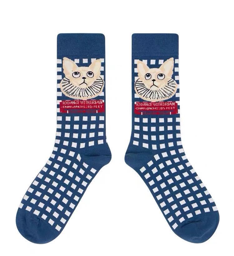 French Illustration Cartoon Cat Crew Socks Pink Kawaii Mid-High 6-Pack