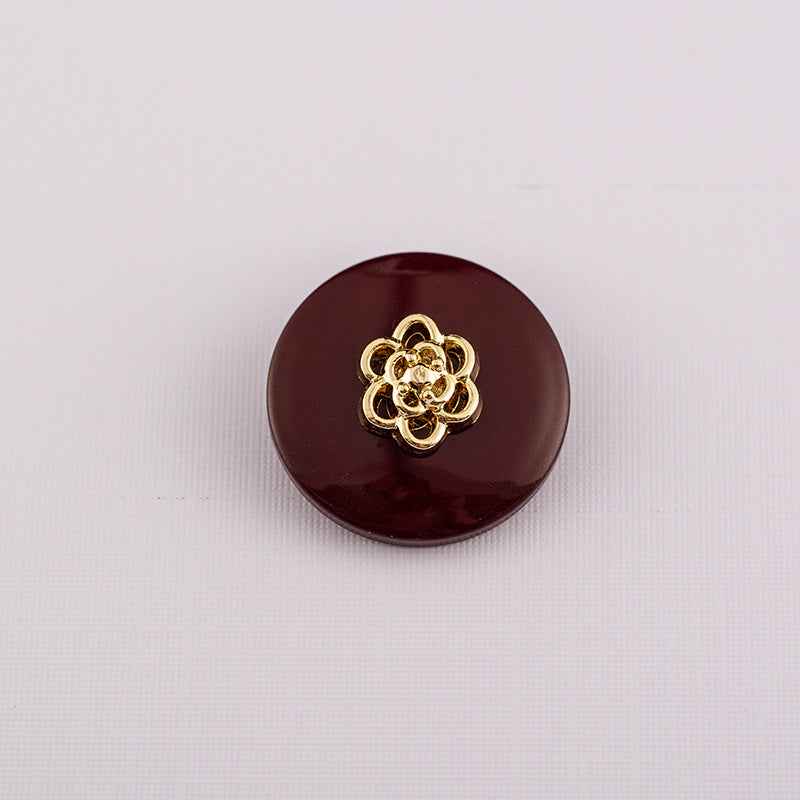 Wine round resin button with metal shank and gold decorative center
