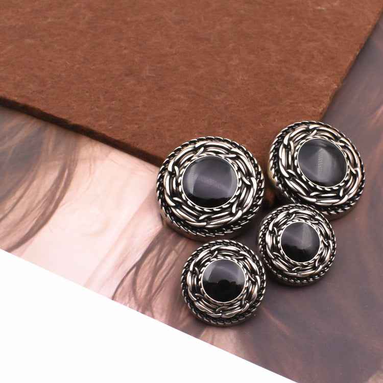 18/20/23/25mm black distressed metal shank buttons, front and back view
