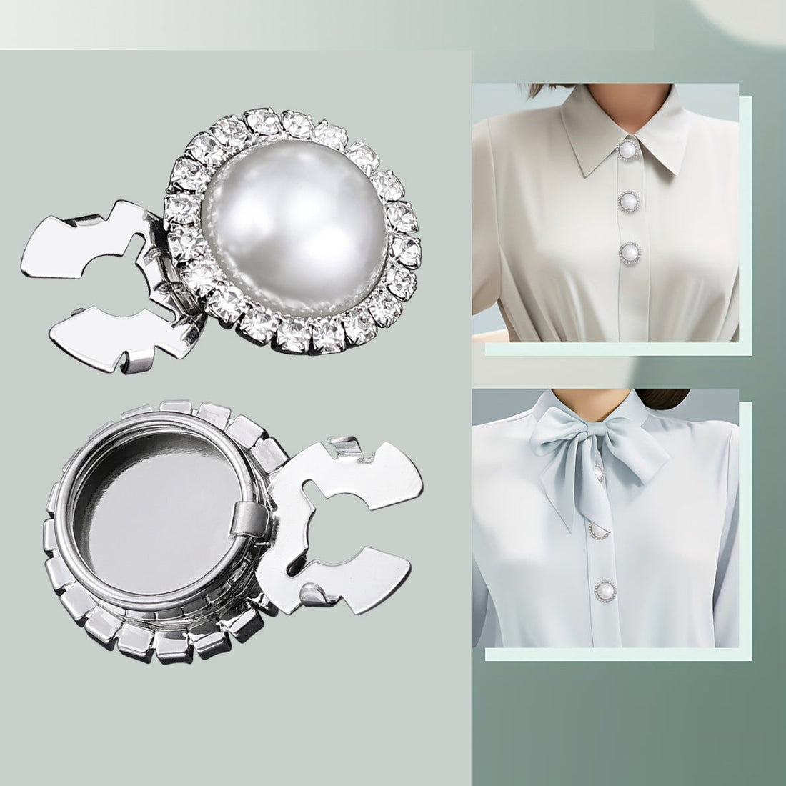 Round rhinestone snap button with pearl center and metal clamp ring, 20 mm