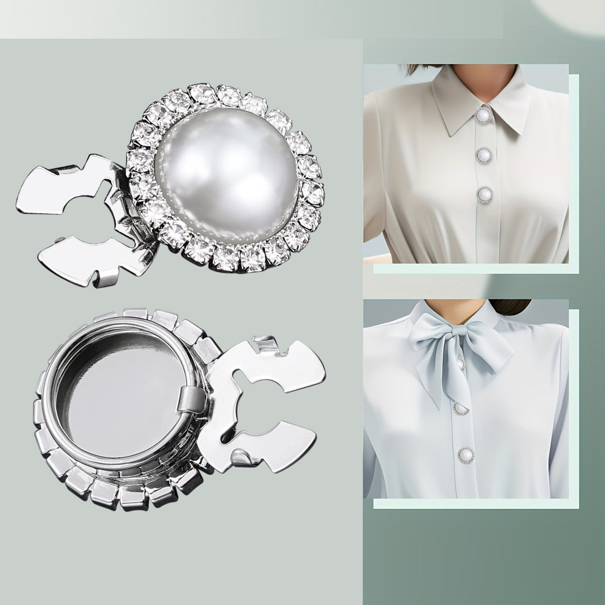 Round rhinestone snap button with pearl center and metal clamp ring, 20 mm