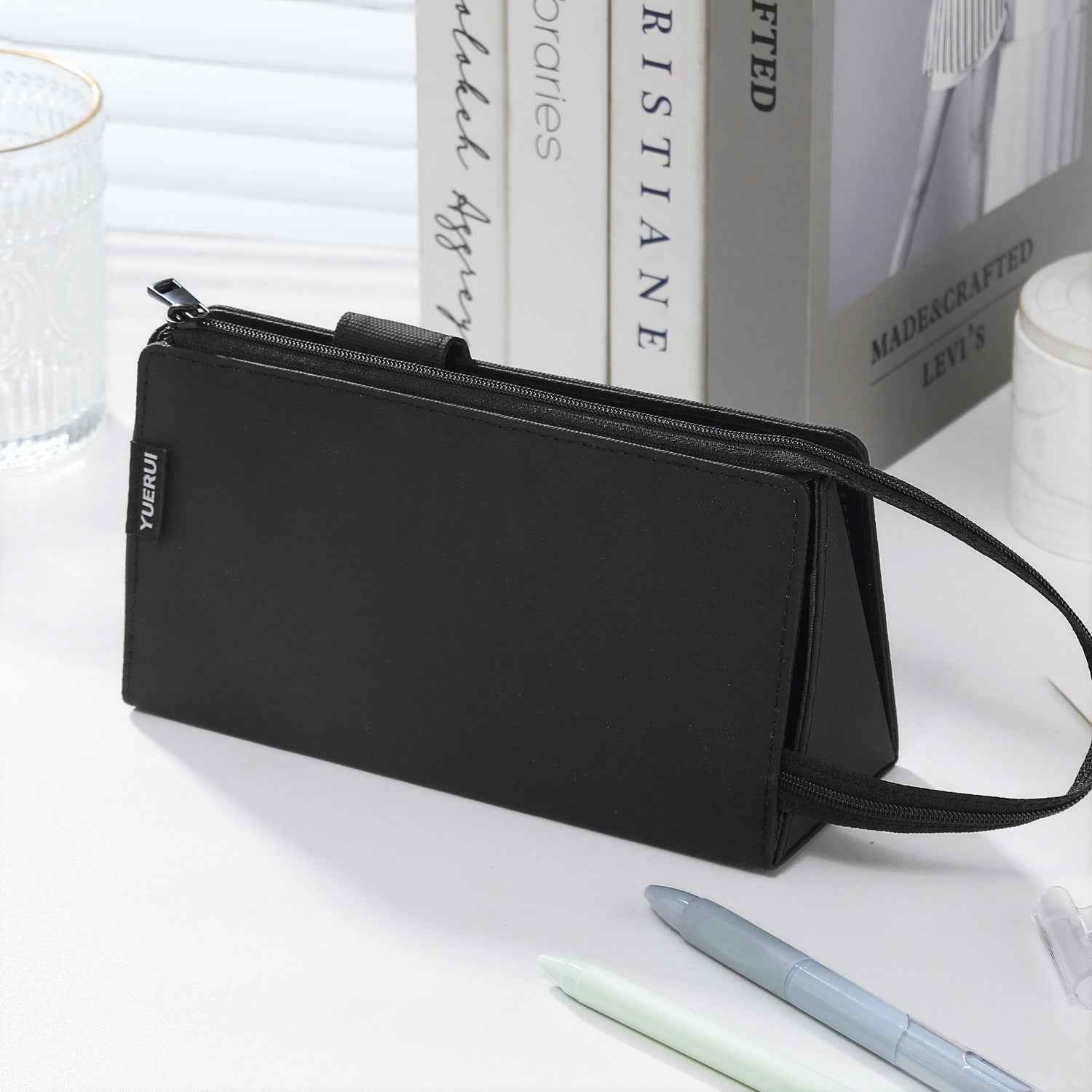PU Leather Multi-Function Stationery Bag Pen Pouch with Phone Stand Black