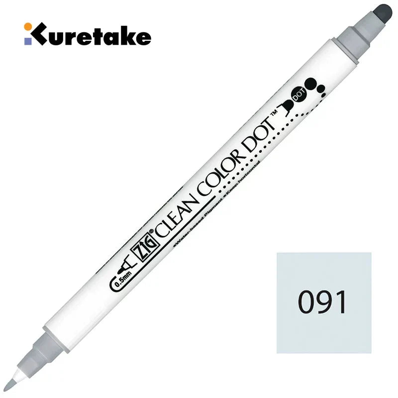 Kuretake ZIG Clean Color Dot TC-6100 – 2-Pack | Dual-Tip Dot & Brush Watercolour Marker | Journal / Illustration / Hand-Lettering | Japan Kuretake 091 Light Grey