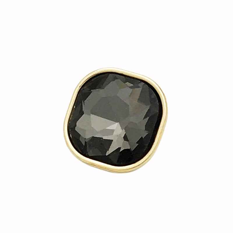 Close-up square rhinestone button, dark stone, gold-tone metal edge