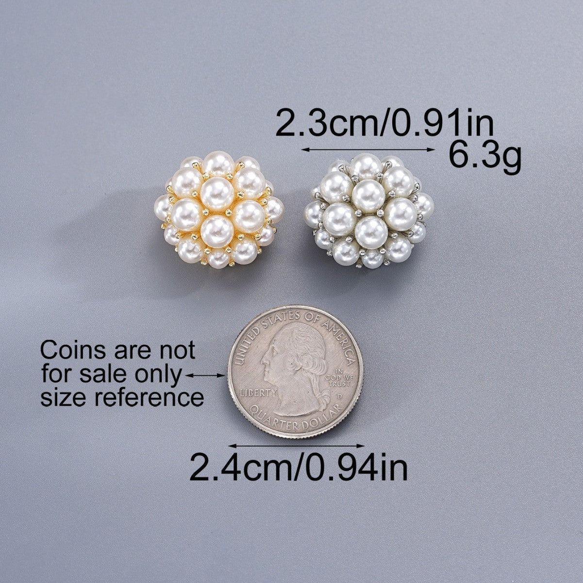 Pearl flower metal clamp buttons, white pearls; approx 2.3cm size shown.