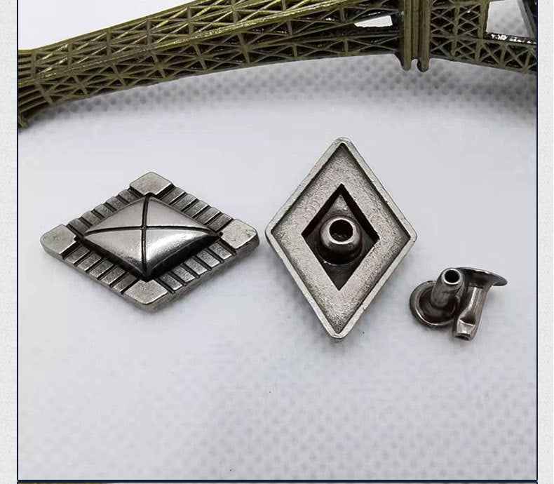 Square diamond rivets: front cap with cross pattern, back piece with hole, metal post