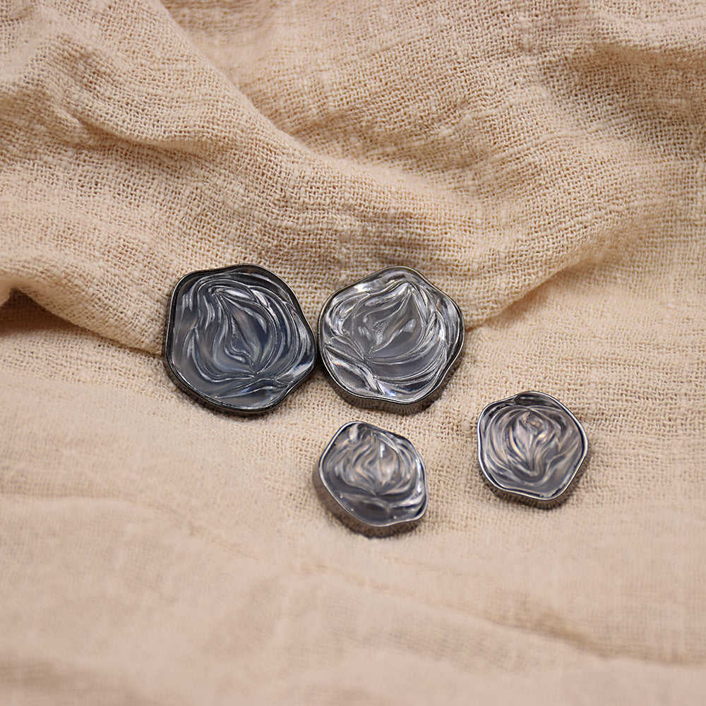 Transparent floral resin buttons, gray-silver swirled resin with metal edging